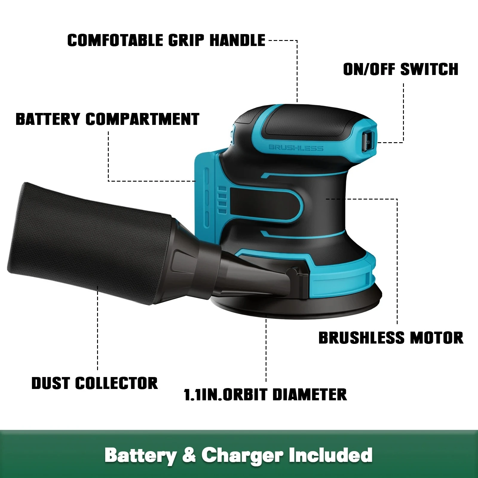 125mm Cordless Random Orbital Sander Fit Makita 18V Battery BL1830 BL1840 Hand Sanding Tool Only