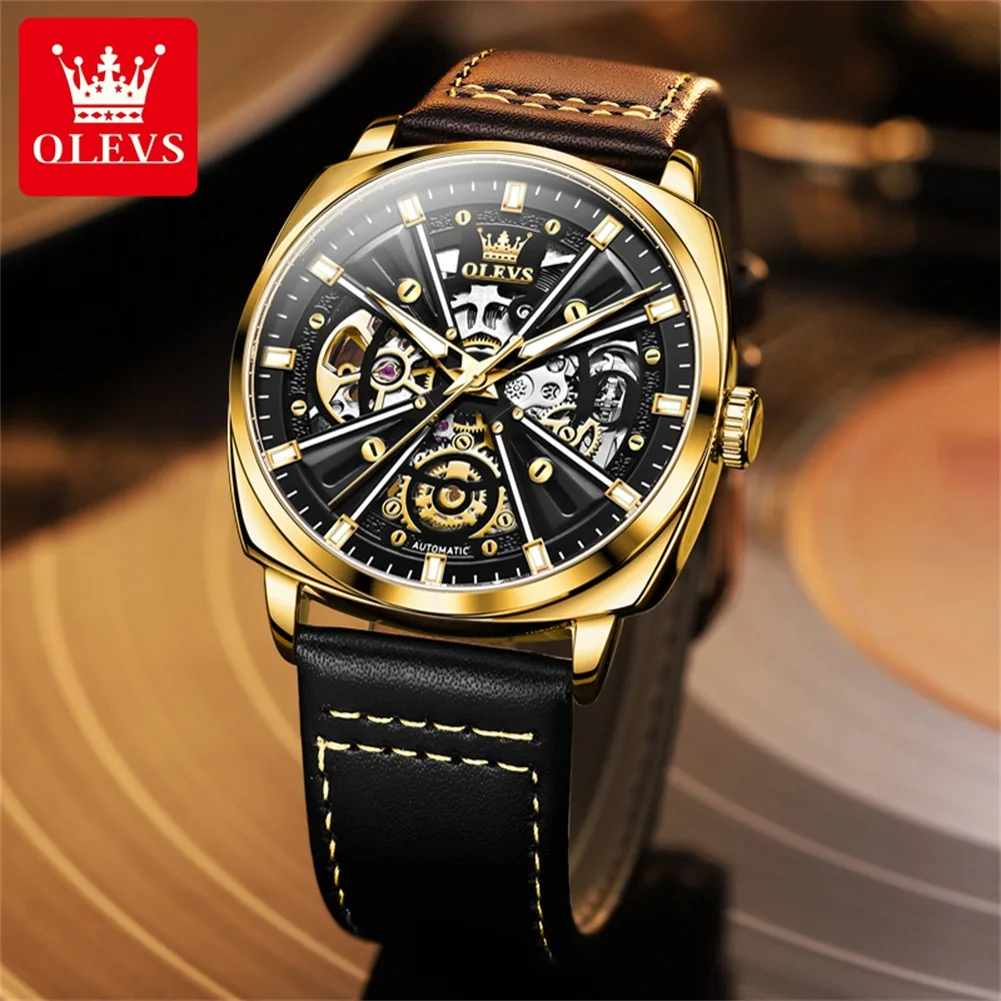 OLEVS 6685 Original Men's Watches Fashion Hollow Tonneau Case Leather Strap X Series Luxury Brand Automatic Mechancial Man Watch