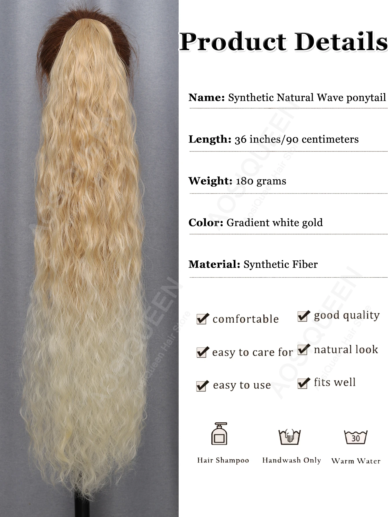 36-inch Drawstring Long Ponytail Extensions Synthetic Gradient Golden Water Ripple Ladies Wig Light Fluffy Long Curly Ponytail