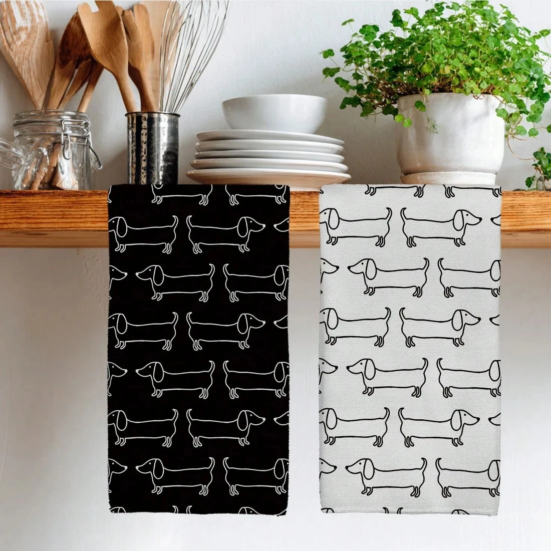 2pcs Black & White Dachshund Ultra-Soft Kitchen Towels , 2D Printed, All-Season Use, Quick-Dry Absorbent, Ideal for Kitchen