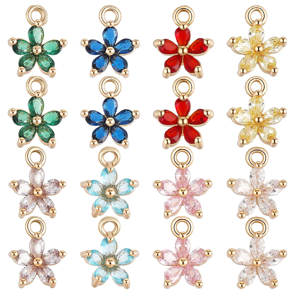 16pcs Cubic Zirconia Flower Charms Pendants Five-Petal Flower Pendant Cherry Blossom Charm Brass Floral Charms for Jewelry