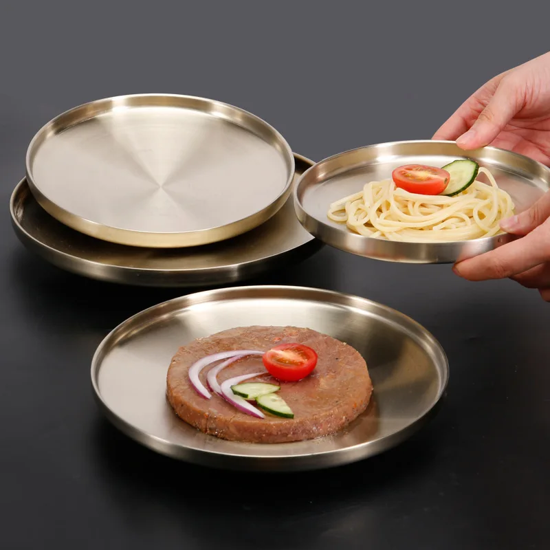 

Korean-style stainless steel plate home hotel golden double-layer insulated round dish plate barbecue western food fruit plate