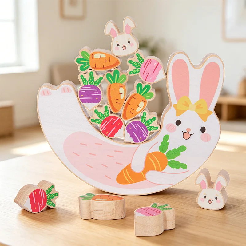 Wooden Rabbit Carrot Balance Stacking Blocks Toy,Kids Stack Up Game Montessori Educational Puzzle,Toddler Parent Training Gift