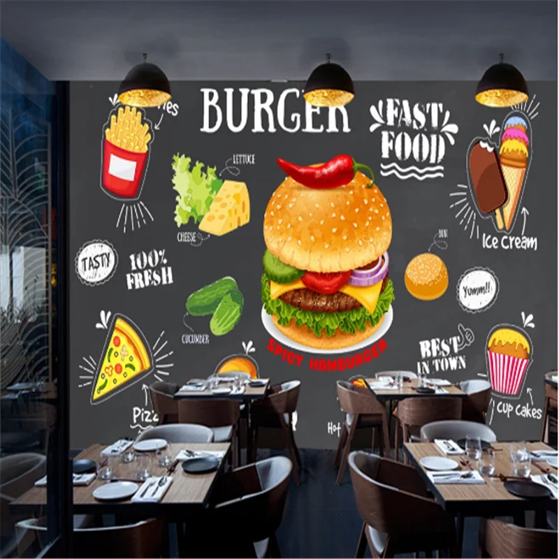 

Custom Burgers Western Fast Food Restaurant Background Wall Mural Wallpaper 3D Snack Bar Hamburger Pizza fries Wall Paper 3D