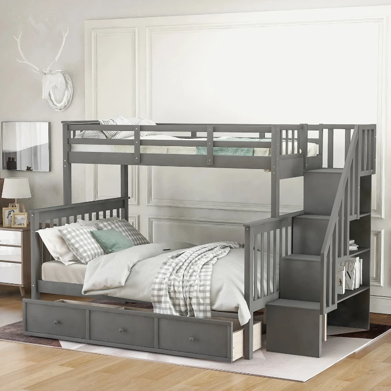 Bedroom Dorm Twin-Over-Full Bunk Bed With Drawer Storage Guard Rail Stairway For Adults Gray