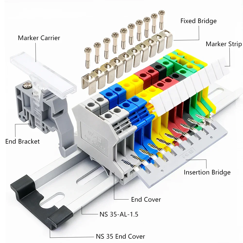 Imagem -04 - Kit Parafuso Braçadeira Tampa Final Parada Inserção Jumper Ponte Marcador Conjunto de Montagem de Tira Combinaido Bloco de Terminal de Trilho Din 12awg Uk2.5b