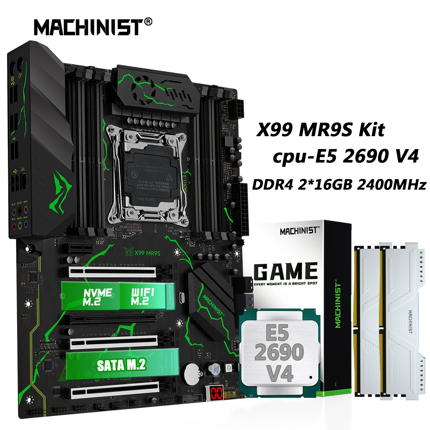 MACHINIST MR9S X99 Motherboard Combo LGA 2011-3 Xeon E5 2690 V4 CPU Kit DDR4 2*16G 2400MHz Memory NVME M.2 USB3.0 Four Channel