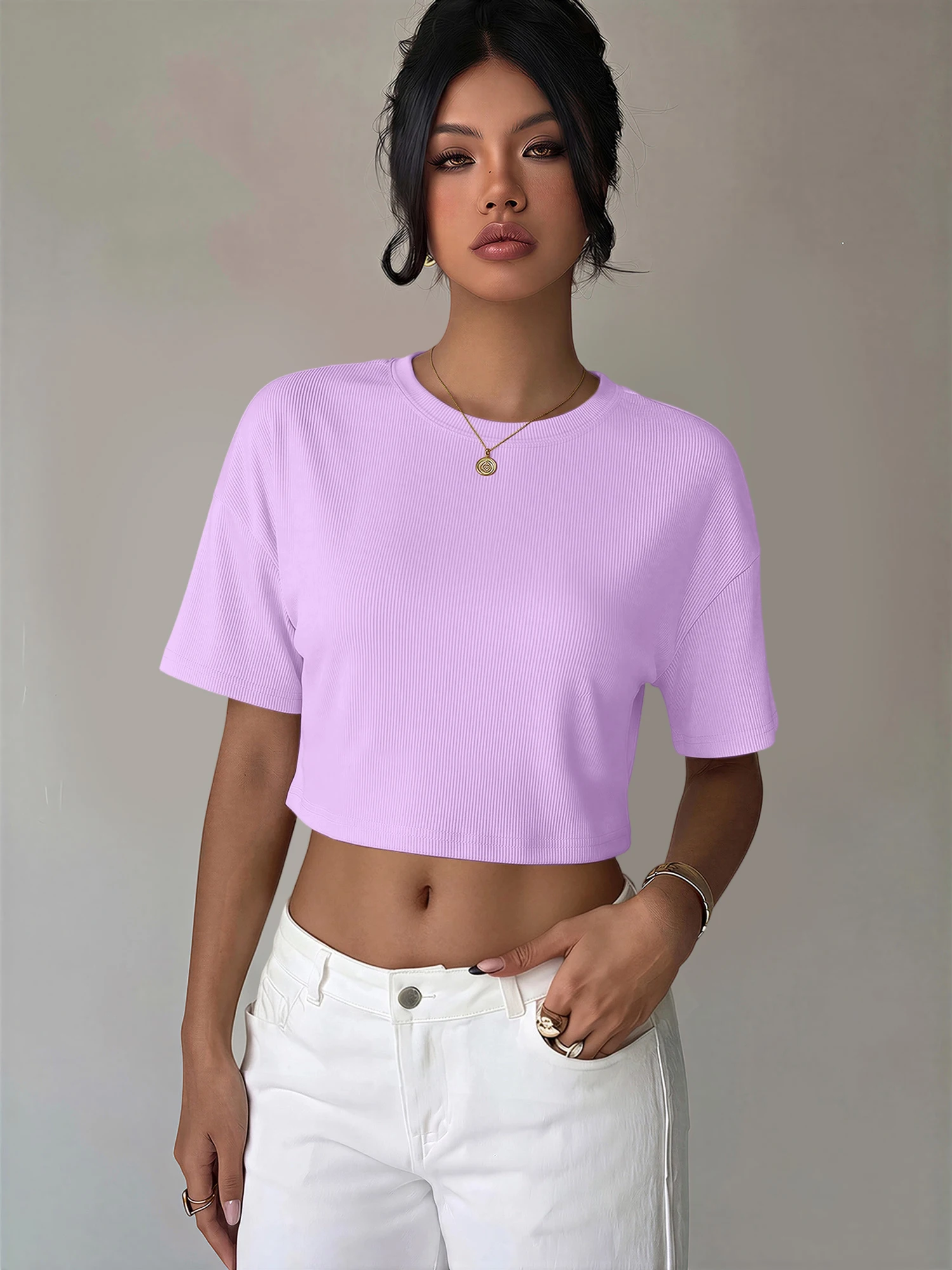 Korean Minimalist Loose Crop Top, Crew Neck Ribbed Tee for Shopping Trips & Weekend Wandering