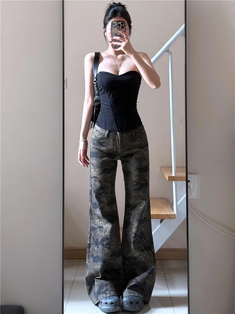 

Американские ретро-джинсы с камуфляжным принтом, с низкой посадкой, расклешенные, женские, свободные, струящиеся, с высокой талией, удлиненные, широкие брюки, повседневный стиль