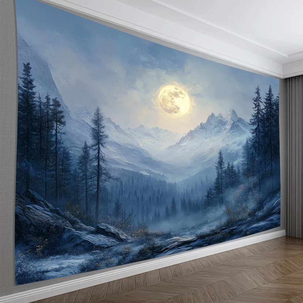 Mondlichtgebeleuchtete Berge Wandteppich, verschneite Gipfel und Kiefernwald unter Vollmond, Nachtlandschaft Wandbehang für Wohnzimmer Schlafzimmer