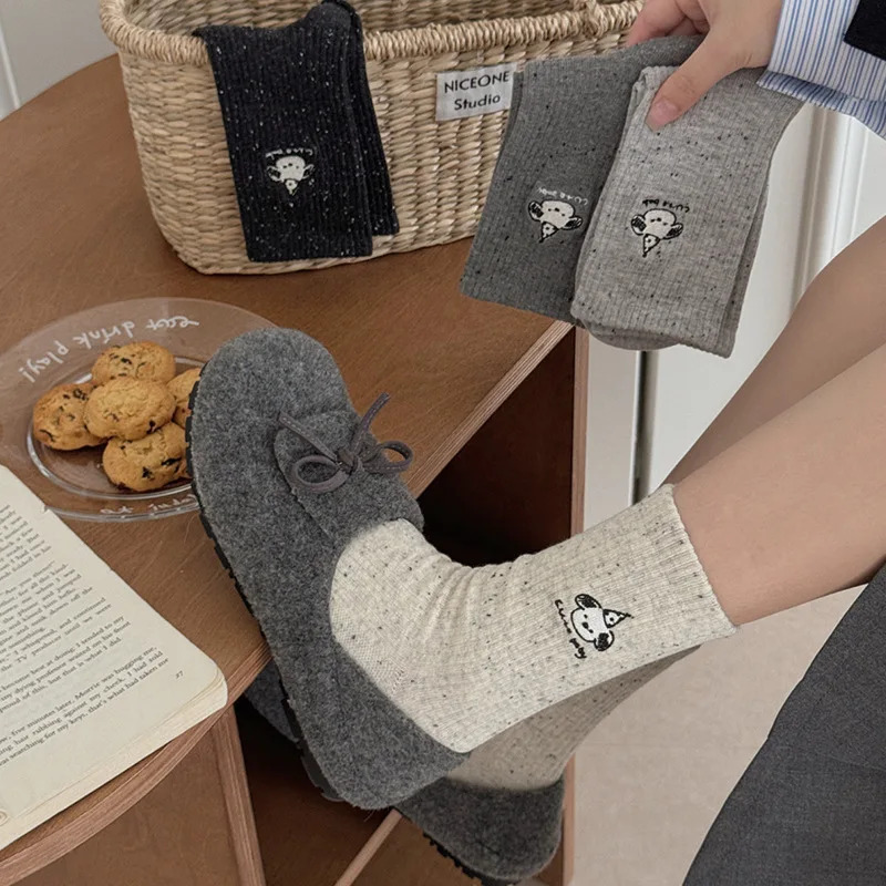 

Женские носки с милым мультяшным вышитым щенком, кавайные женские носки с собакой, универсальные весенне-осенние хлопковые дышащие чулки средней длины