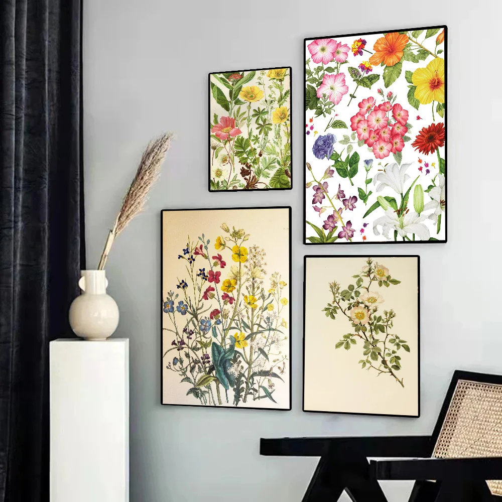 1pc Vintage Wildflowers Botanical Flower Poster Self-adhesive Art Waterproof Paper Sticker Coffee House Bar Room Wall Decor