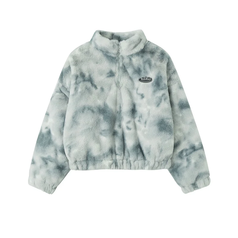 Schattige Pluche Tie Dye Opstaande Kraag Kleine Menigte Katoenen Jas Meisjes Modemerk Street Herfst En Winter Nieuwe Top