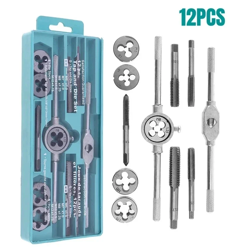 12/20Pcs M3-M12 Hand Tap and Die Set Straight Taper Reamer Screw Thread Plug Hardware Portable Drilling Tools