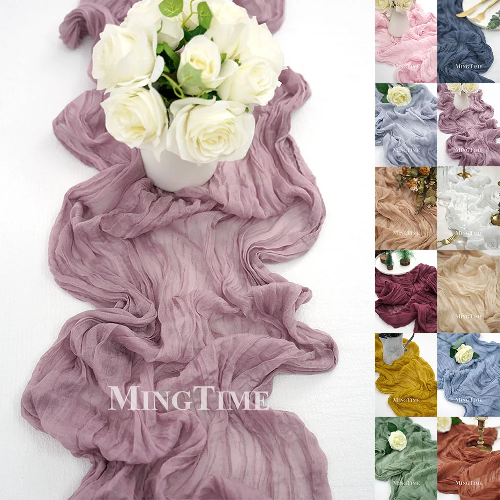 Crinkle Table Runner Gauze Semi Sheer Elegant Decor Mauve Sage Khaki Vintage Wedding Christmas Party Home Table Linen Decor