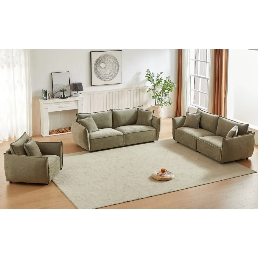 

3Seater + 3Seater + 1Seater Combo Sofa Modern Living Room Sofa Linen Fabric Sofa Wooden Frame with 5 Pillows Apartment Sofa Fur