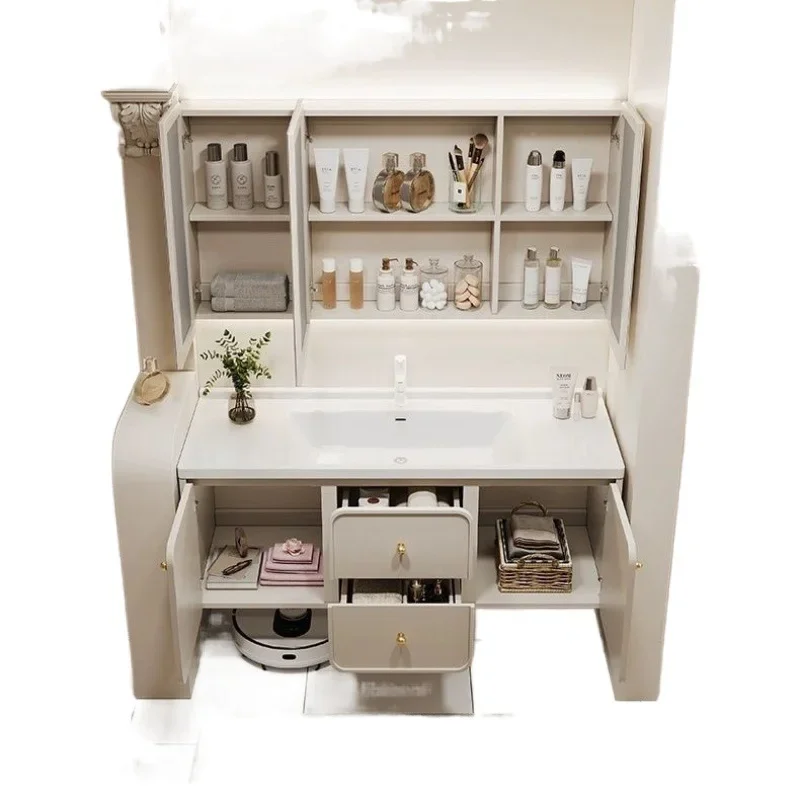 

American French style, cream wind, bathroom, smart mirror cabinet, combination, ceramic, integrated, sink