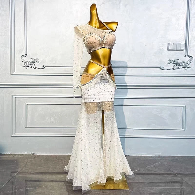 Customized White Oriental Belly Dance Costumes Practice Performance Dress Set Female Sexy Modern Dance Dress Belly Dancing Bra