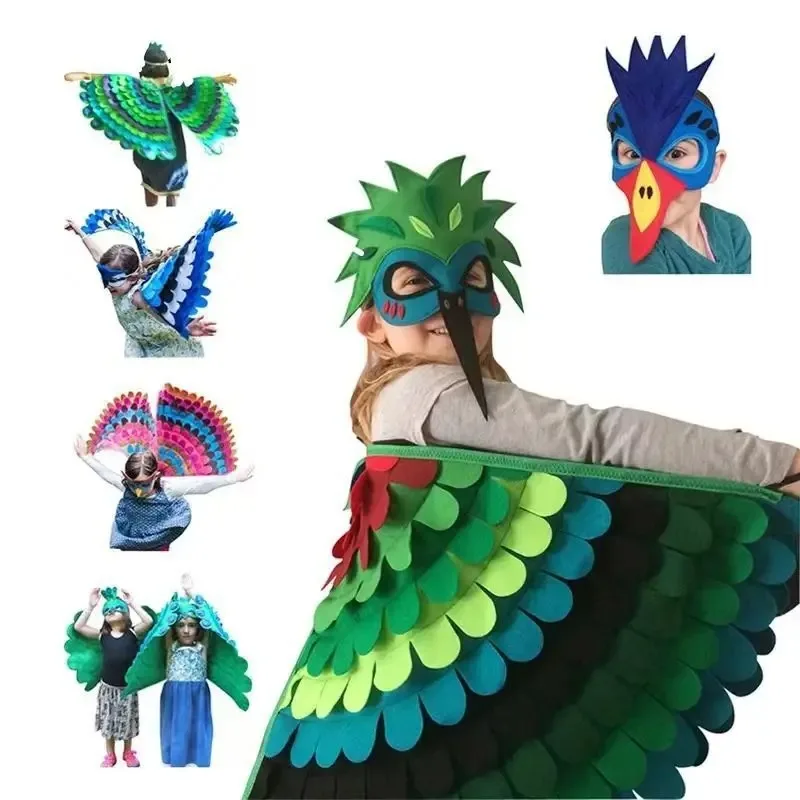 Costume de cosplay pour enfants, représentation sur scène, théâtre, paon, ailes de papillon, cape en feutre d'oiseau avec masque pour filles et garçons, fête d'Halloween, Everak