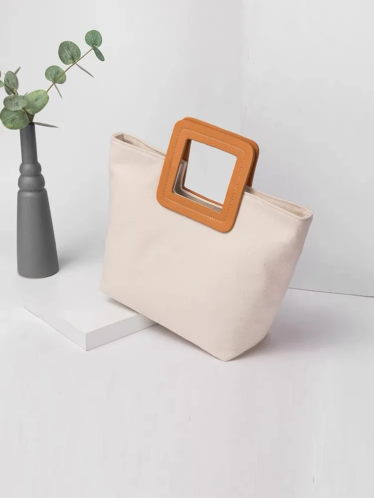 Autumn new style leather portable splicing canvas vegetable basket can work large capacity handbag women