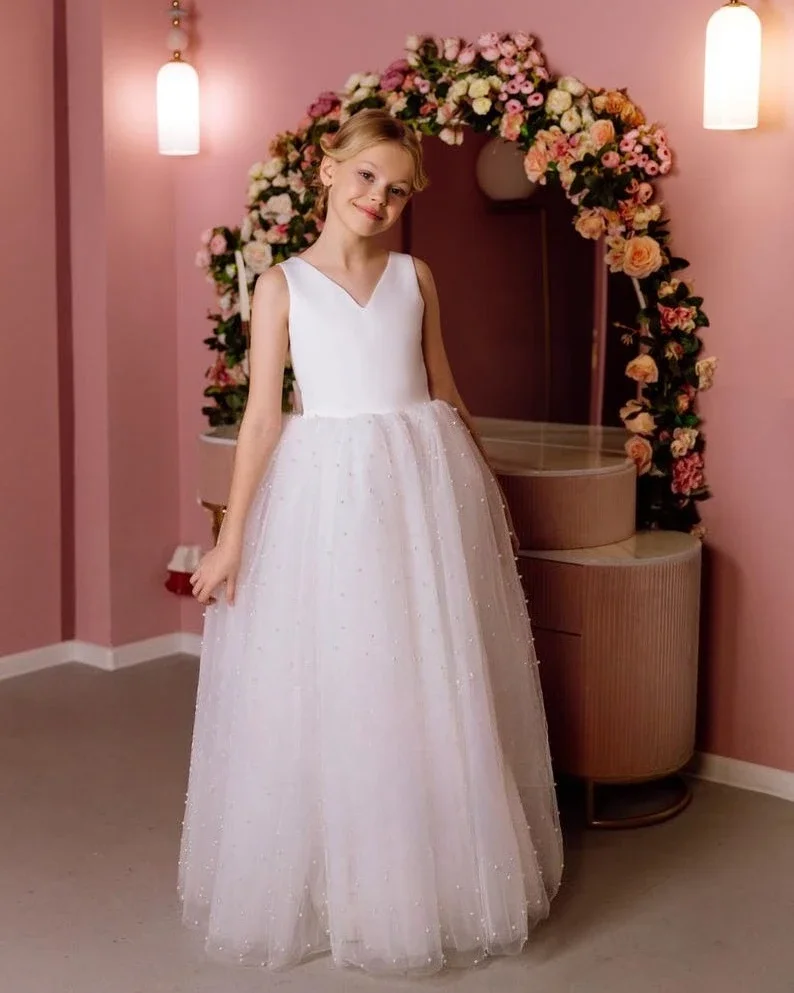 Tulle Bow Satin flower girl dress wedding dresses Holy communion Ivory Dress with pearls Girl party dress princess ball gown