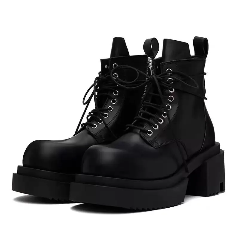 

British Style Men Motorcycle Boots Genuine Leather Thick Sole Lace-up Side Zipper Ankle Boots Outdoor Hiking Work Shoes