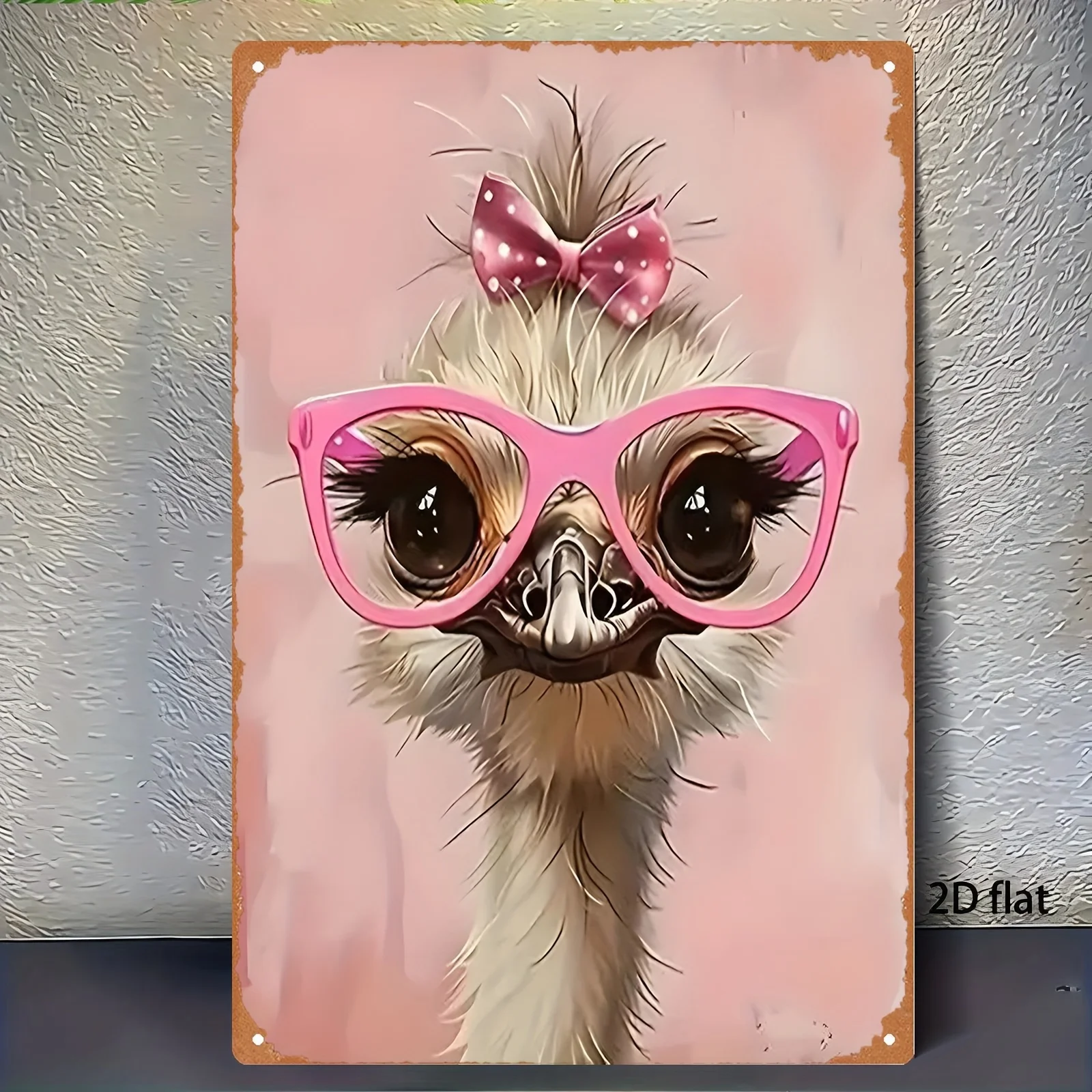 2D Flat - A 2D Vintage Metal Sign Featuring a Cute Ostrich Wearing Pink Glasses And a Bow Tie, Suitable for Home Decor. Size: