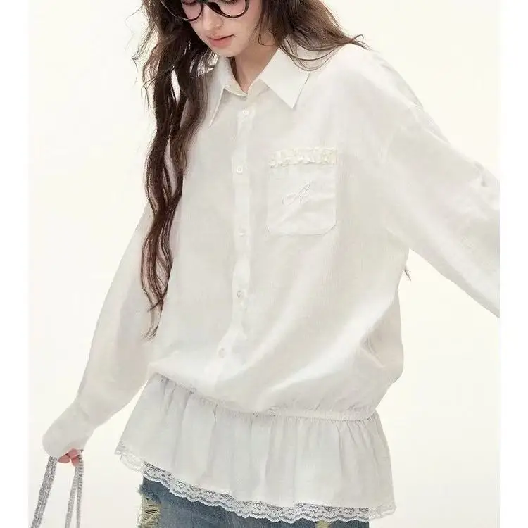 Lace Patchwork A-line Ruffle Top For Women's Autumn Turn-down Collar Korean Long Sleeved Shirt