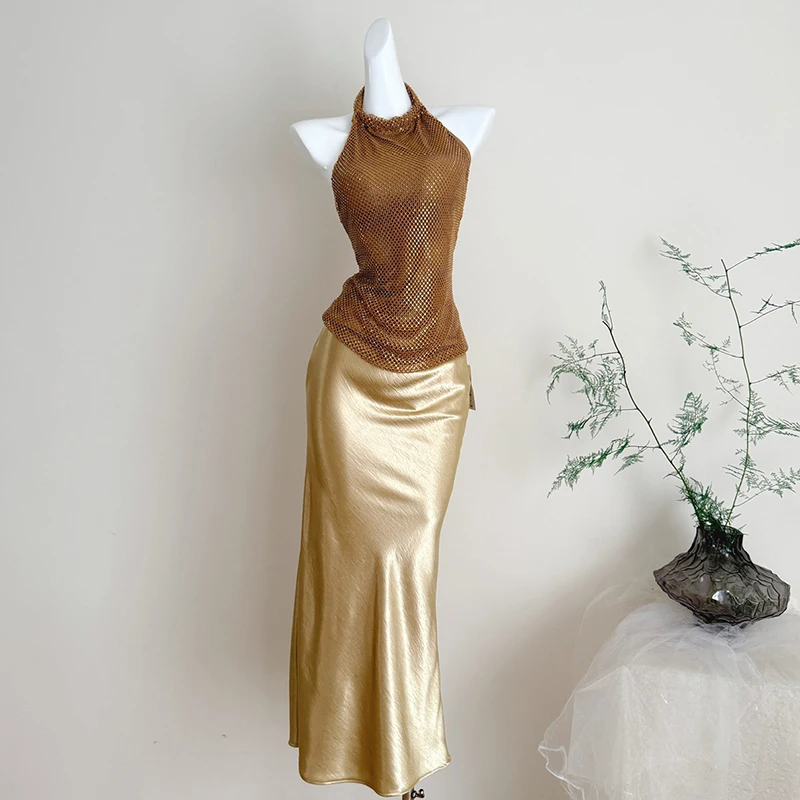 Luxury Evening Party Golden Two-piece Skirts Sets Sexy Backless Halter Tops Korean Fashion High Waist Mermaid Skirts Suits 2026