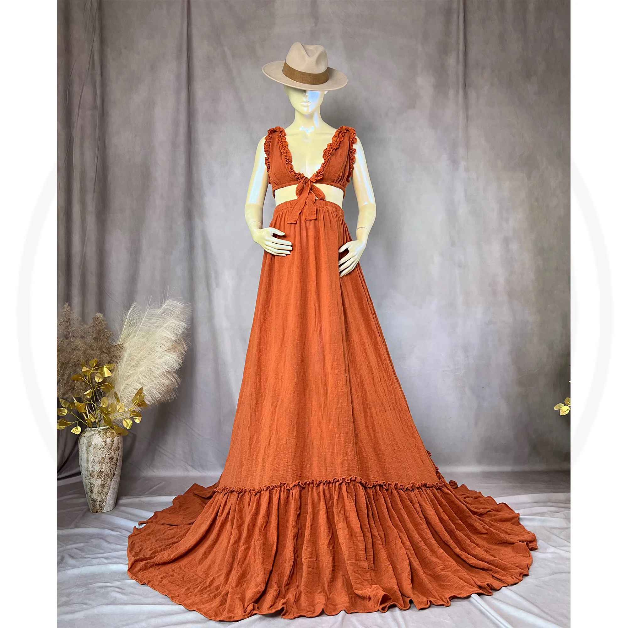 Don&Judy Bohemian Vintage Terracotta Wedding Bride Dress Maternity Photoshoot Party Two Pieces Gown Deep V-neck Ruffles Vestido