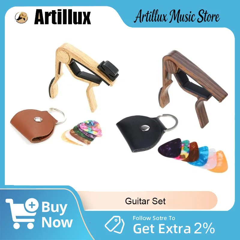 

Artillux Guitar Accessories Set Brand New Wood Grain Guitar Capo with 6 Random Color Picks and Holder for Music Lover Parts