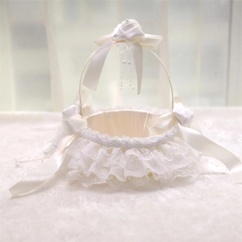 G92C Wedding Flower Girl Baskets with Flower Handle Lace Ruffle Bowknot Flower Basket