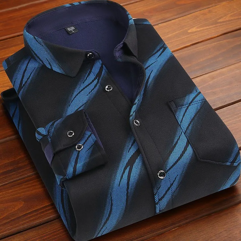 New Autumn and Winter Fashion Trendy Striped Thickened Warm Long Sleeve Shirt Men's Casual Loose Sports Fleece Lined Shirt