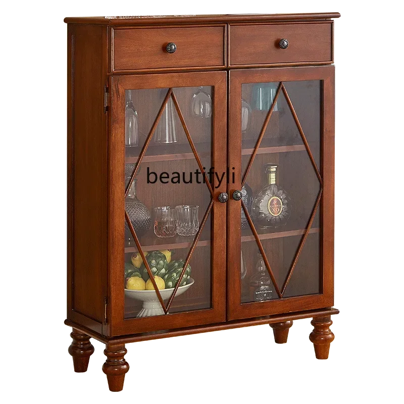 

American solid wood small short wine cabinet living room home European retro two-door glass sideboard wine cabinet