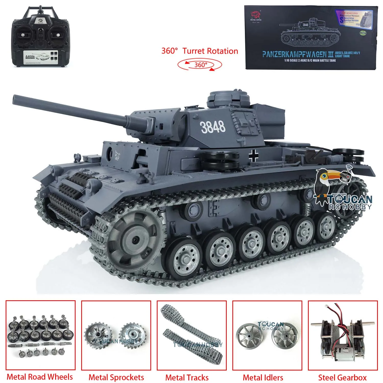 HENG LONG 1/16 7.0 Pro Ver Panzer III H RTR RC Tank 3849 3848 Metalowe gąsienice Koła Stalowa zębatka BB Shooting Żółty TH17369