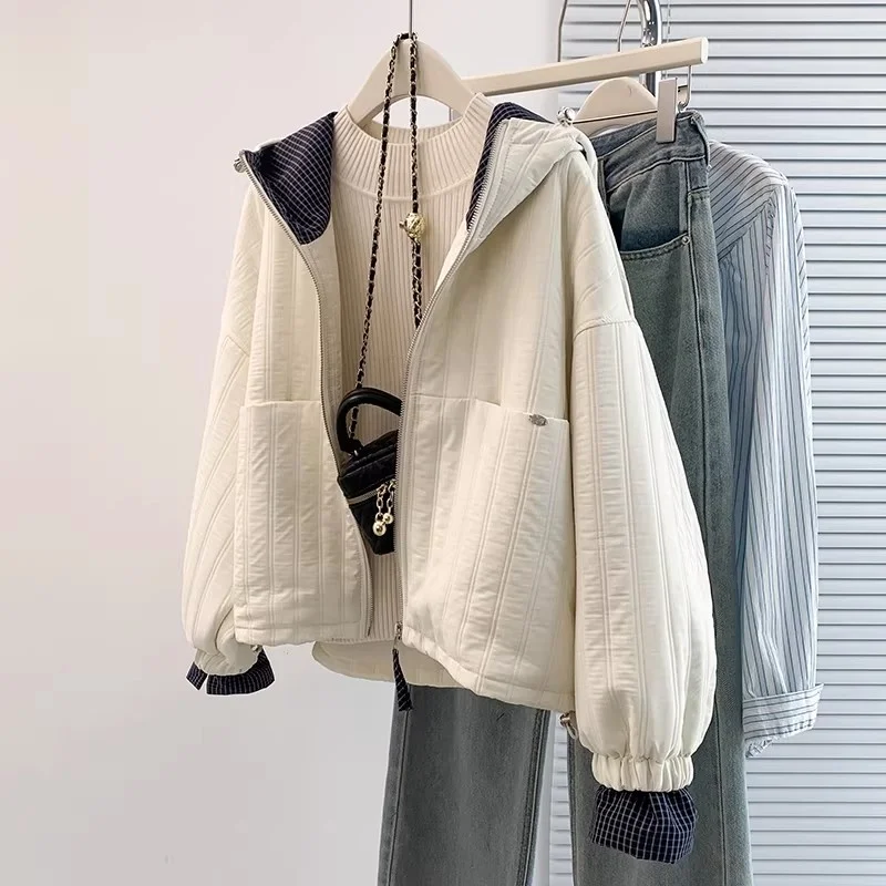 Women's Oversized Cotton Jacket with Hood | Solid Color Plaid Patchwork Coat for Spring Autumn Seasons W1975