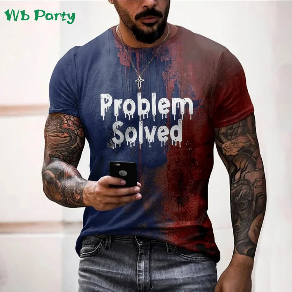 Problem Solved Bloody Print Men's Clothing Fashion T-shirts for Men Horrible Halloween Short Sleeve Tops O-Neck 3D Mens T shirt image 4
