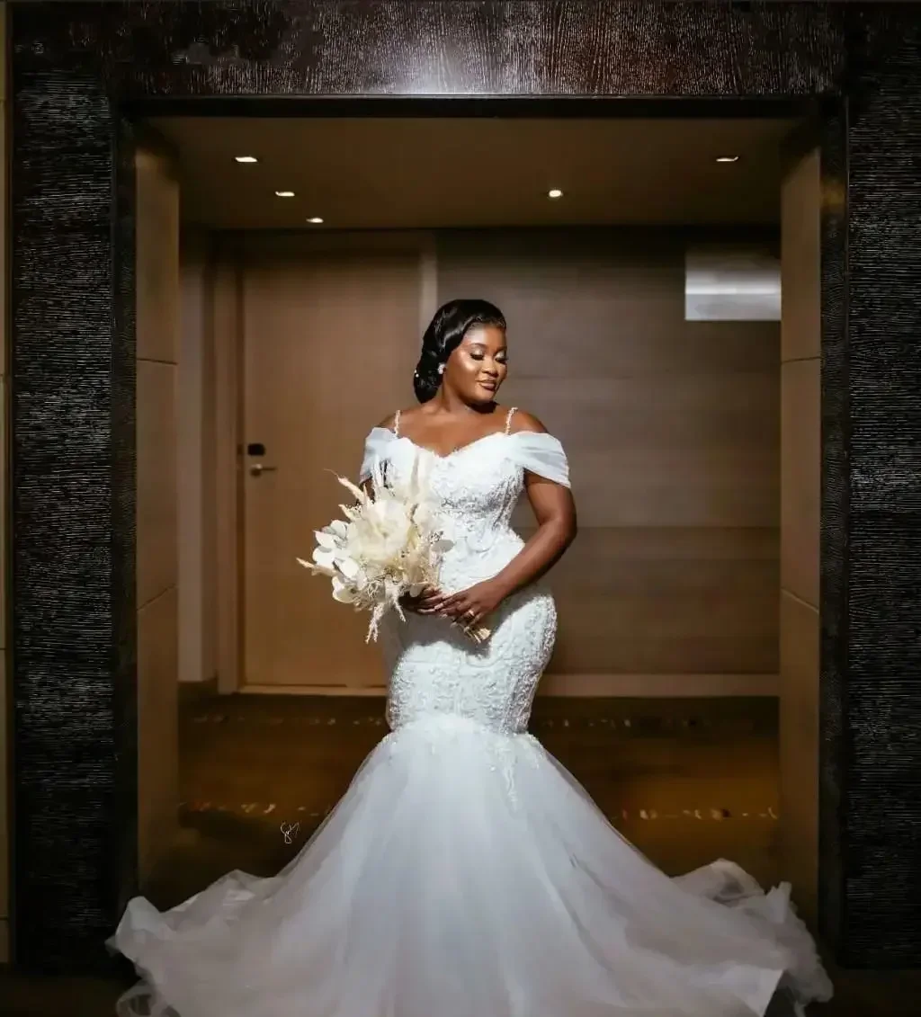 Personalizado querida cheia de renda apliques sereia vestido de casamento trem varredura fora do ombro robe de mariage vestidos de noiva