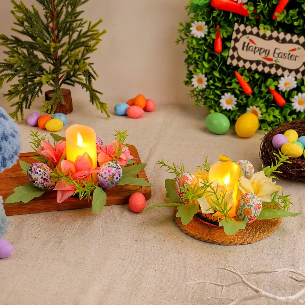 1 Pc Easter Egg Candle Holder Decoration Artificial Floral Wreaths with Green Leaves for Pillar Centerpiece Party Table Decor