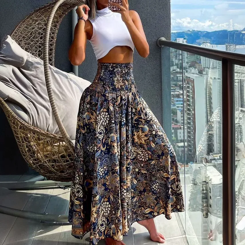 

Sexy Elastic High Waist Print Maxi Skirt Women 2024 Summer Boho Beach Casual Loose A-Line Long Skirts For Women