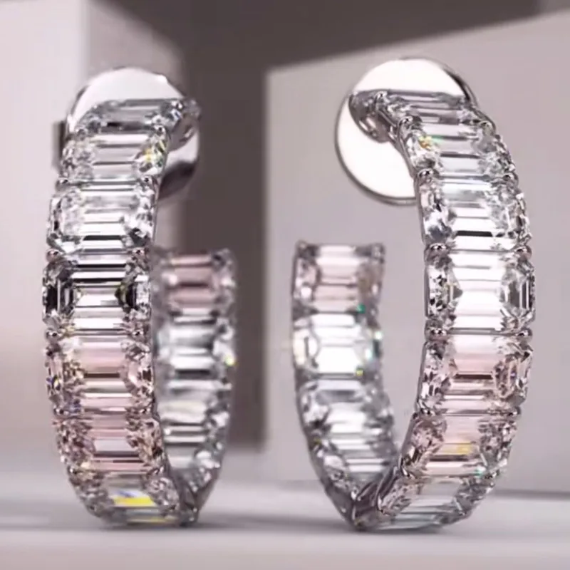 Luxury Emerald Cut Lab Moissanite Hoop Earring 925 Sterling Silver Party Wedding Earrings for Women Men Engagement Jewelry Gift
