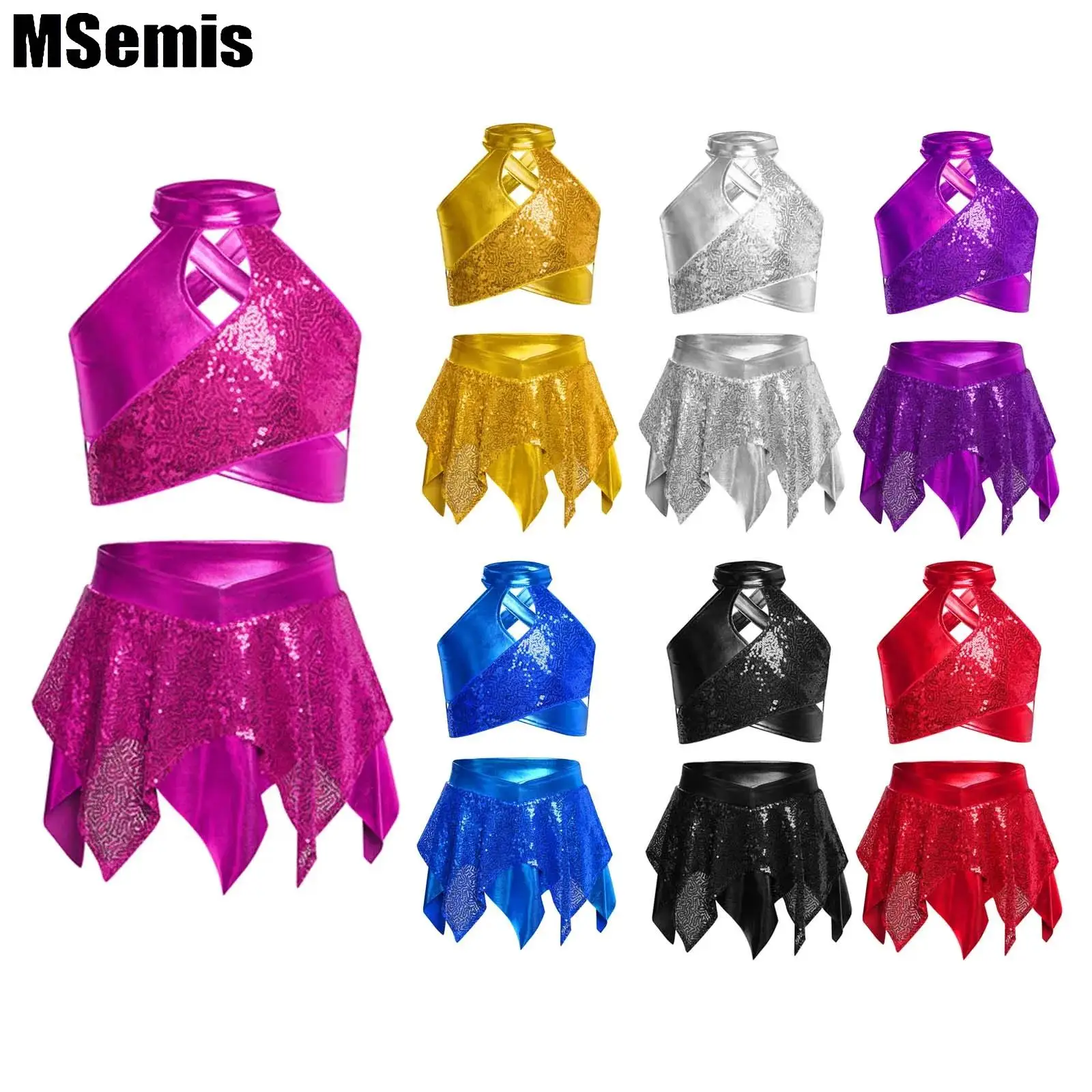 

Kids Girls Metallic Jazz Dance Sets Performance Costume Cross Keyhole Sparkly Sequins Crop Top with Asymmetric Skirt