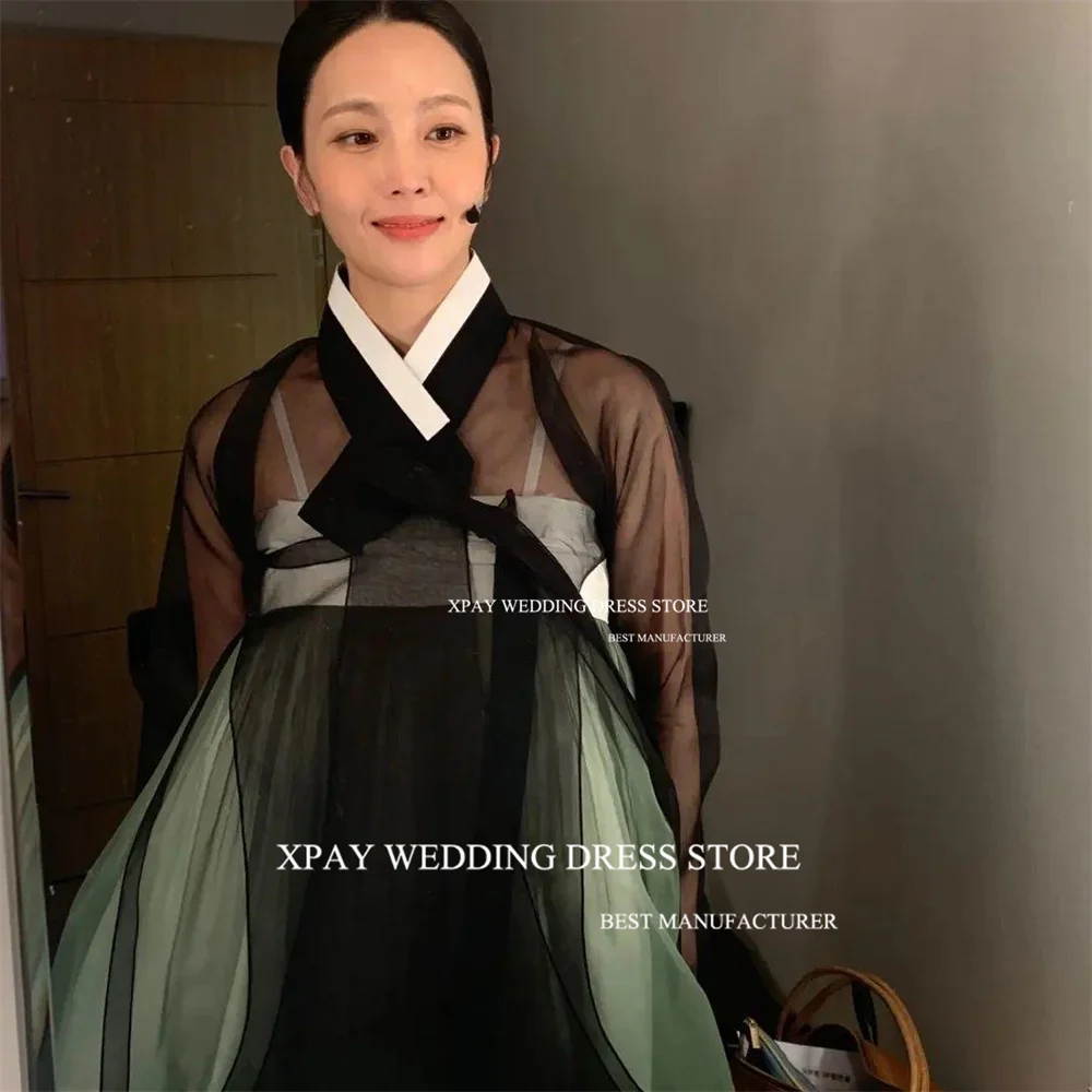 XPAY V Neck Black Organza Hanbok Real Picture Korea A Line Wedding Party Dresses Photos Shoot Pleats Garden Bridal Gowns Custom