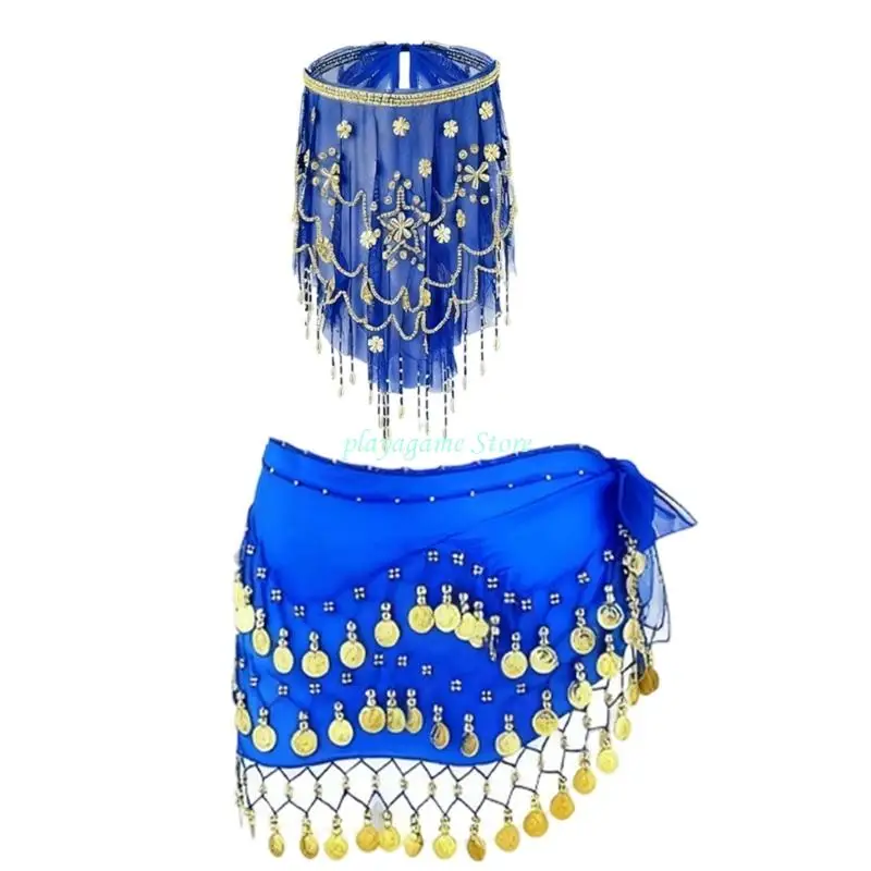 Y88A 2 قطعة أزياء الرقص الشرقي الرقص الشرقي وشاح الورك القبلية حجاب الوجه مع الترتر المطرز الراقصة الزي مجموعة للمرأة