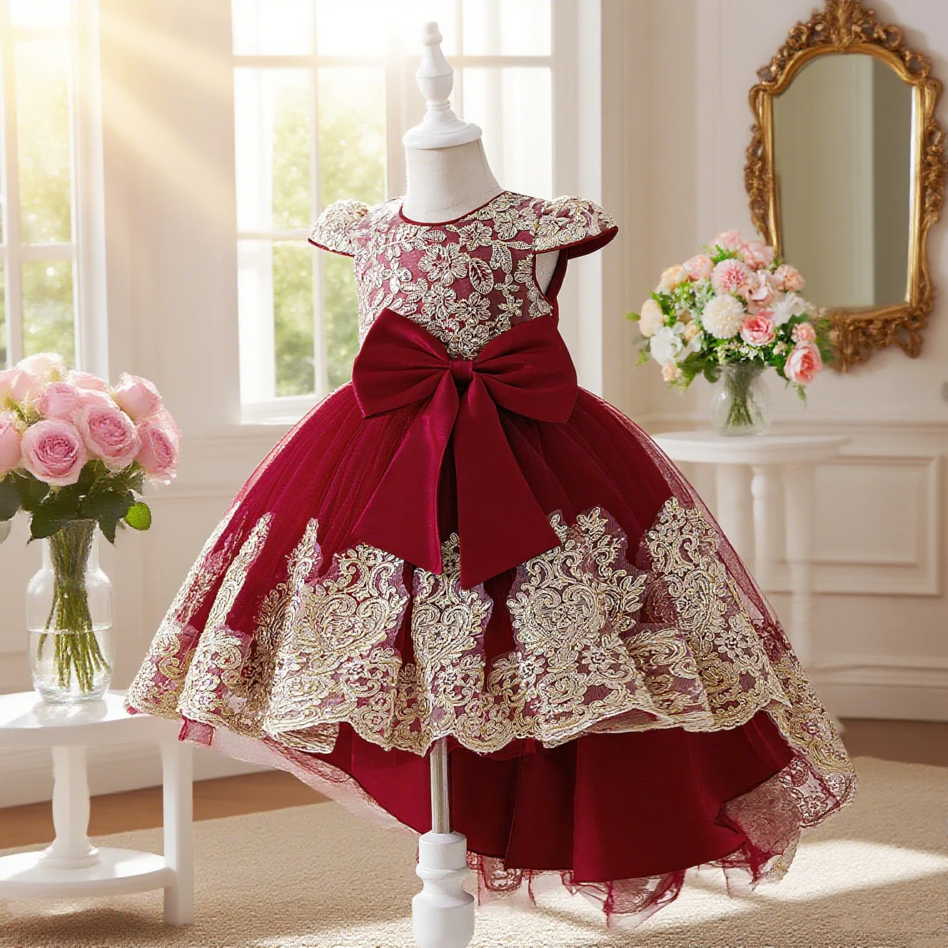 

Платье на день рождения для девочек, кружевное праздничное платье с вышитым бантом и золотым краем, юбка-понса с вышитым хвостом, платье для выступлений на фортепиано