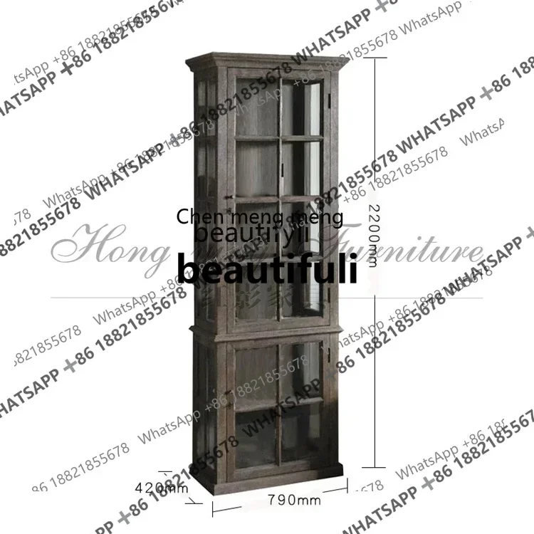 X Q American retro solid wood bookcase   edge French display locker glass door