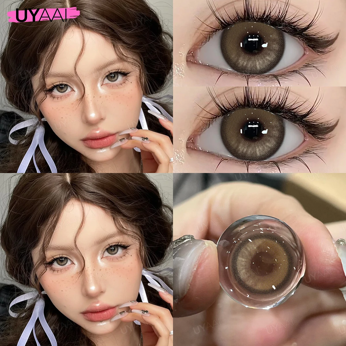 UYAAI【1*contacts Lenses+1*tweezers+1*lenses Case】Arab Brown Contacts Pearl Series Eyes Black Eyes Fashion Makeup Yearly Soft