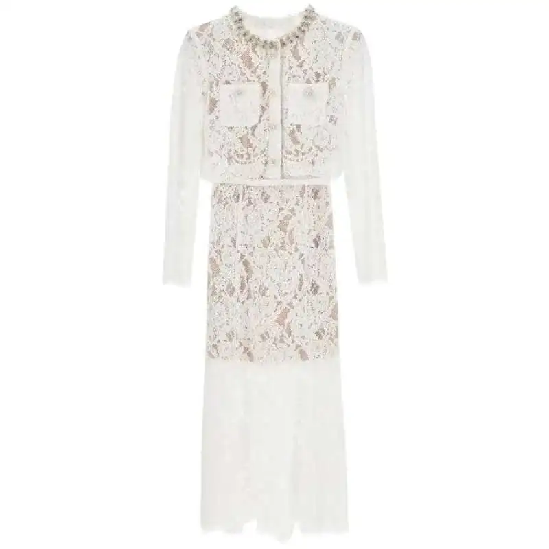 

Luxury Lace Long Dresses 2 Piece Women Skirt Sets Summer Holiday Crystal Long Sleeve Jacekt Tops Pencil Midi Skirt Suits