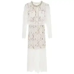 Luxury Lace Long Dresses 2 Piece Women Skirt Sets Summer Holiday Crystal Long Sleeve Jacekt Tops Pencil Midi Skirt Suits