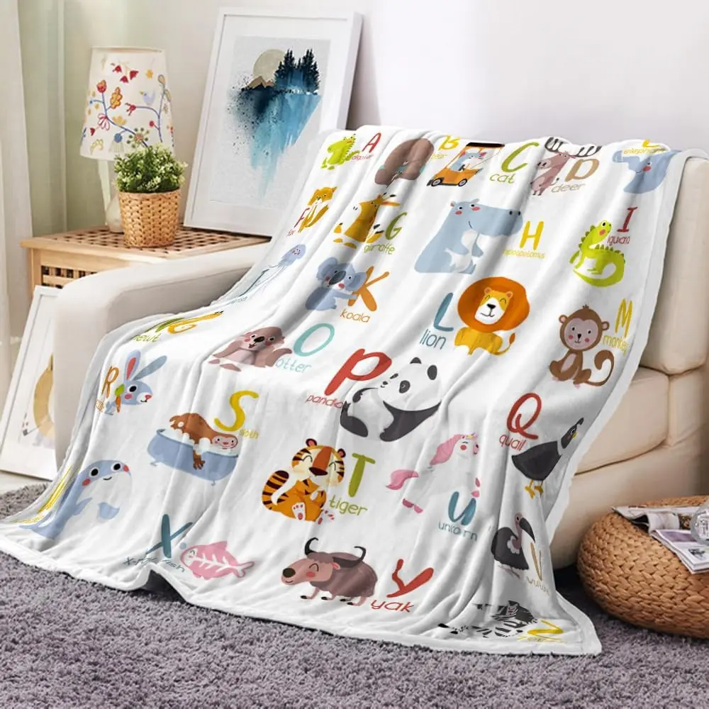 Animal Throw Blankets for Kids, Alphabet Learning Throw Blankets,Nursery Giraffe Zebra Monkey Cartoon Fleece Throw Blanket Kids